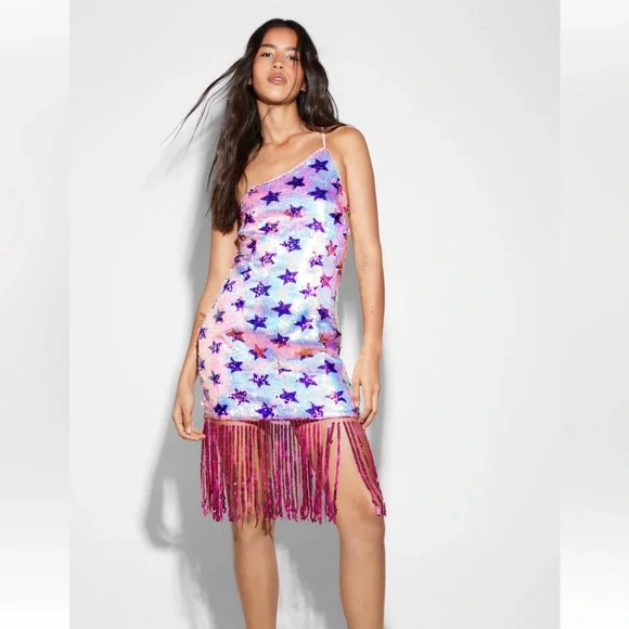 NWT NASTY GAL- Star Sequin Fringe One Shoulder Mini Dress - Picture 2 of 4
